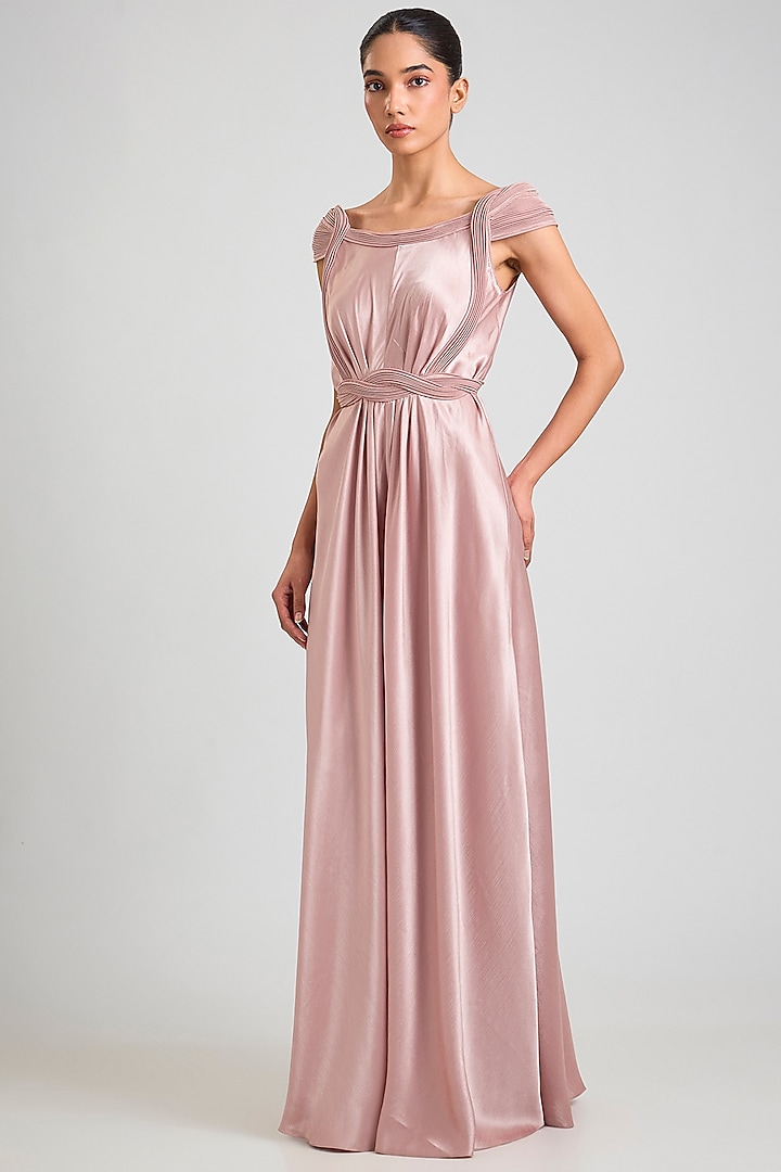 Blush Satin Chiffon Pleated Jumpsuit by Amit Aggarwal at Pernia's Pop Up Shop