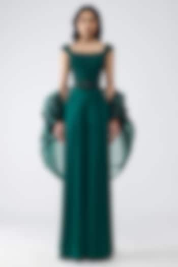 Emerald Green Organza & Satin Chiffon Cape Set by Amit Aggarwal at Pernia's Pop Up Shop
