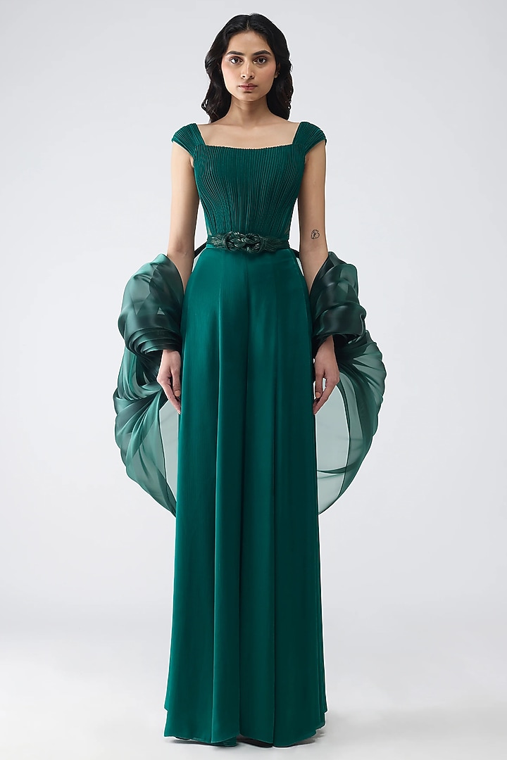 Emerald Green Organza & Satin Chiffon Cape Set by Amit Aggarwal at Pernia's Pop Up Shop