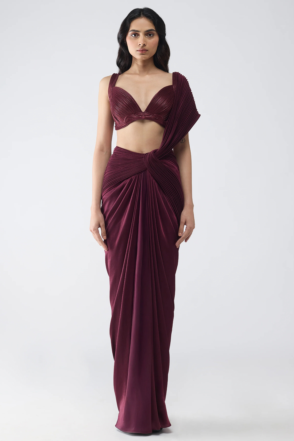 Plum Satin Chiffon Reception Saree Set by Amit Aggarwal at Pernia's Pop Up Shop