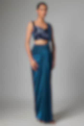 Teal Satin Chiffon Draped Skirt Reception Saree Set by Amit Aggarwal at Pernia's Pop Up Shop