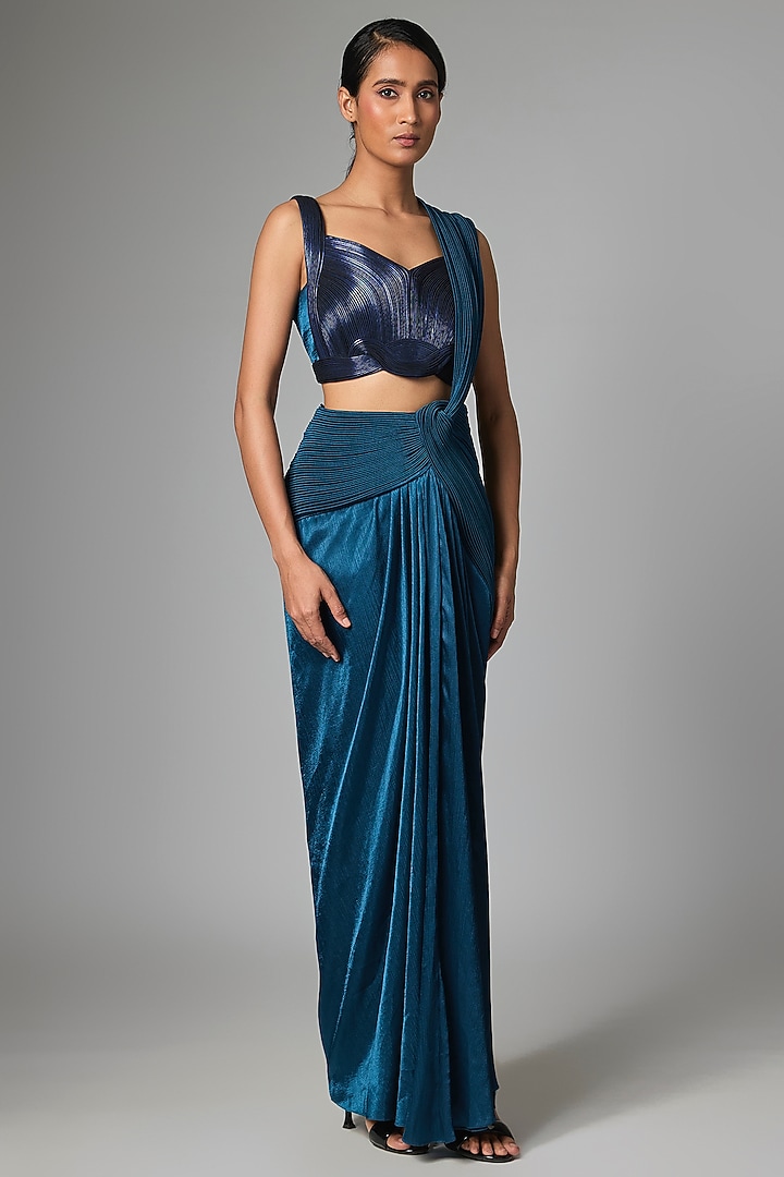 Teal Satin Chiffon Draped Skirt Reception Saree Set by Amit Aggarwal at Pernia's Pop Up Shop