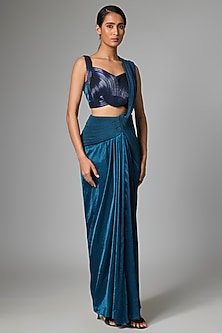 Teal Satin Chiffon Draped Skirt Saree Set by Amit Aggarwal-POPULAR PRODUCTS AT STORE