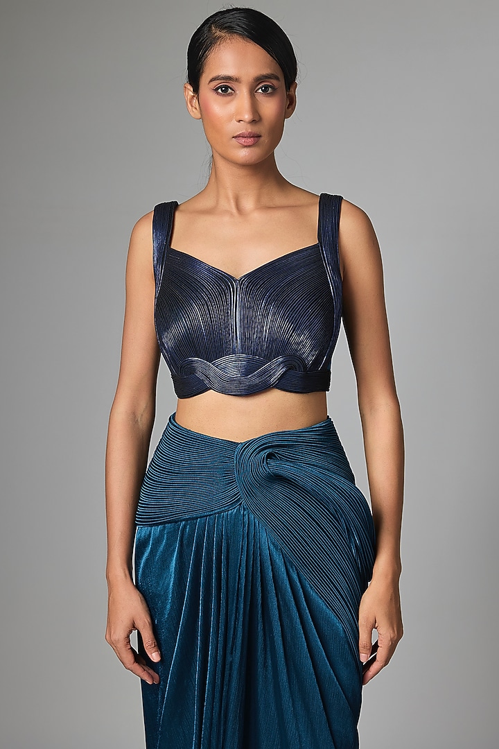 Teal Satin Chiffon Draped Skirt Reception Saree Set by Amit Aggarwal at Pernia's Pop Up Shop