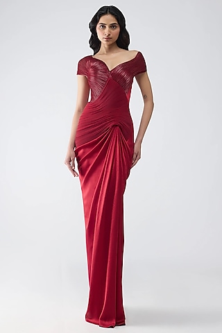 Red Satin Chiffon Gown by Amit Aggarwal
