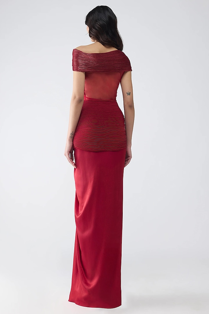 Red Satin Chiffon Wedding Gown by Amit Aggarwal at Pernia's Pop Up Shop
