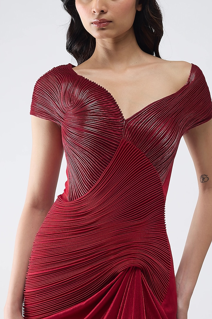 Red Satin Chiffon Wedding Gown by Amit Aggarwal at Pernia's Pop Up Shop