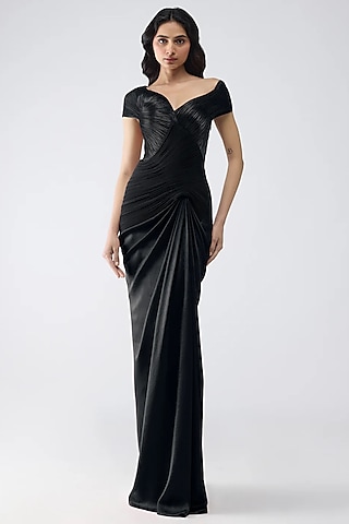 Black Satin Chiffon Gown by Amit Aggarwal
