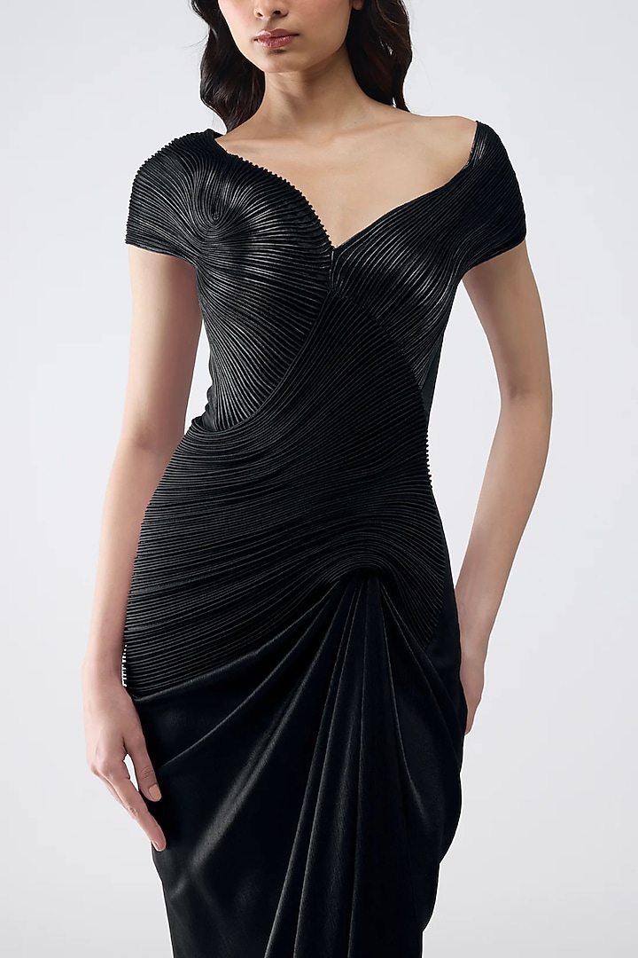 Black Satin Chiffon Wedding Gown by Amit Aggarwal at Pernia's Pop Up Shop