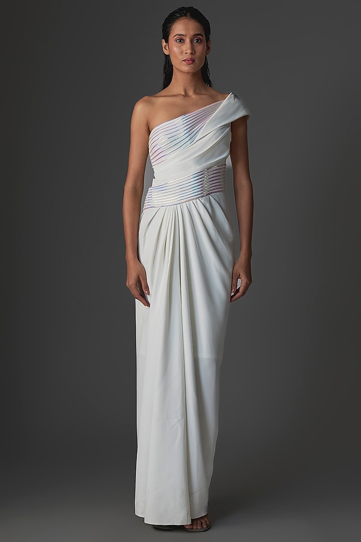 Ivory Banana Crepe Engagement Gown by Amit Aggarwal at Pernia's Pop Up Shop