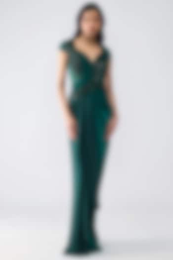 Emerald Green Polyester Draped Wedding Gown by Amit Aggarwal at Pernia's Pop Up Shop