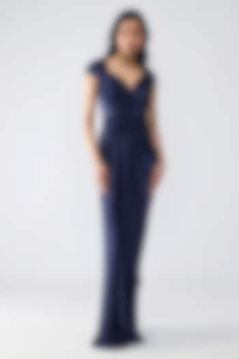 Ink Blue Polyester Draped Wedding Gown by Amit Aggarwal at Pernia's Pop Up Shop