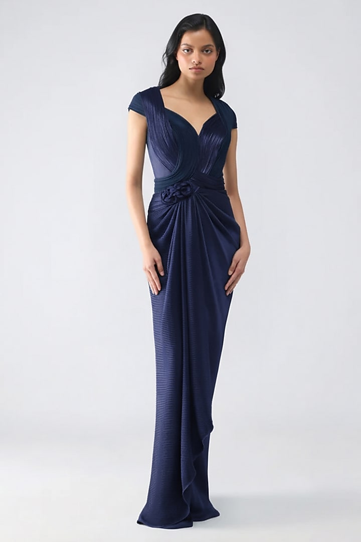 Ink Blue Polyester Draped Wedding Gown by Amit Aggarwal at Pernia's Pop Up Shop