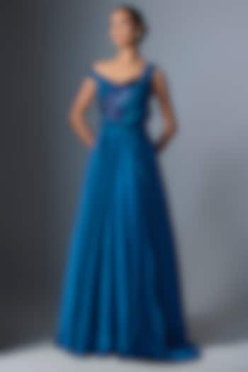 Teal Satin Chiffon Wedding Gown by Amit Aggarwal at Pernia's Pop Up Shop