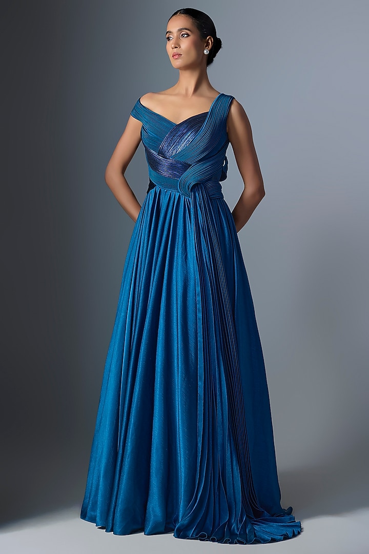 Teal Satin Chiffon Wedding Gown by Amit Aggarwal at Pernia's Pop Up Shop