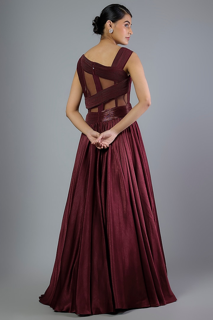 Plum Satin Chiffon Wedding Gown by Amit Aggarwal at Pernia's Pop Up Shop