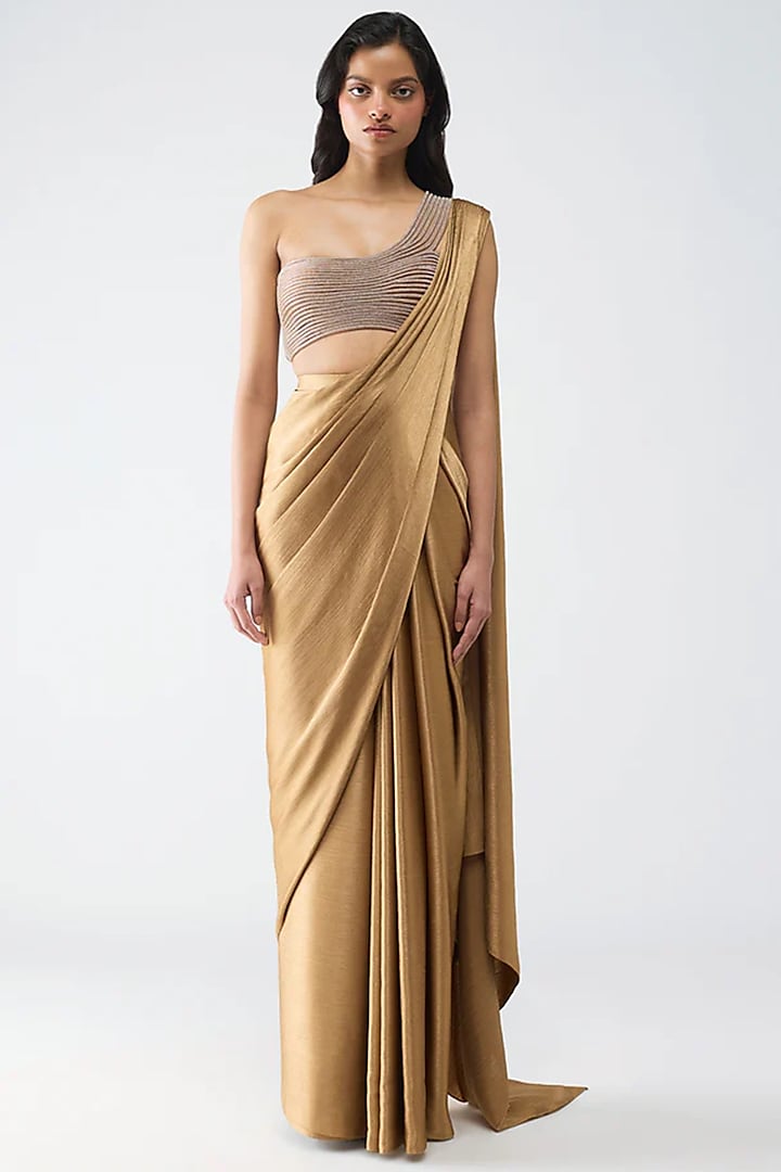 Bronze Satin Chiffon & Butterfly Net Reception Saree Set by Amit Aggarwal at Pernia's Pop Up Shop