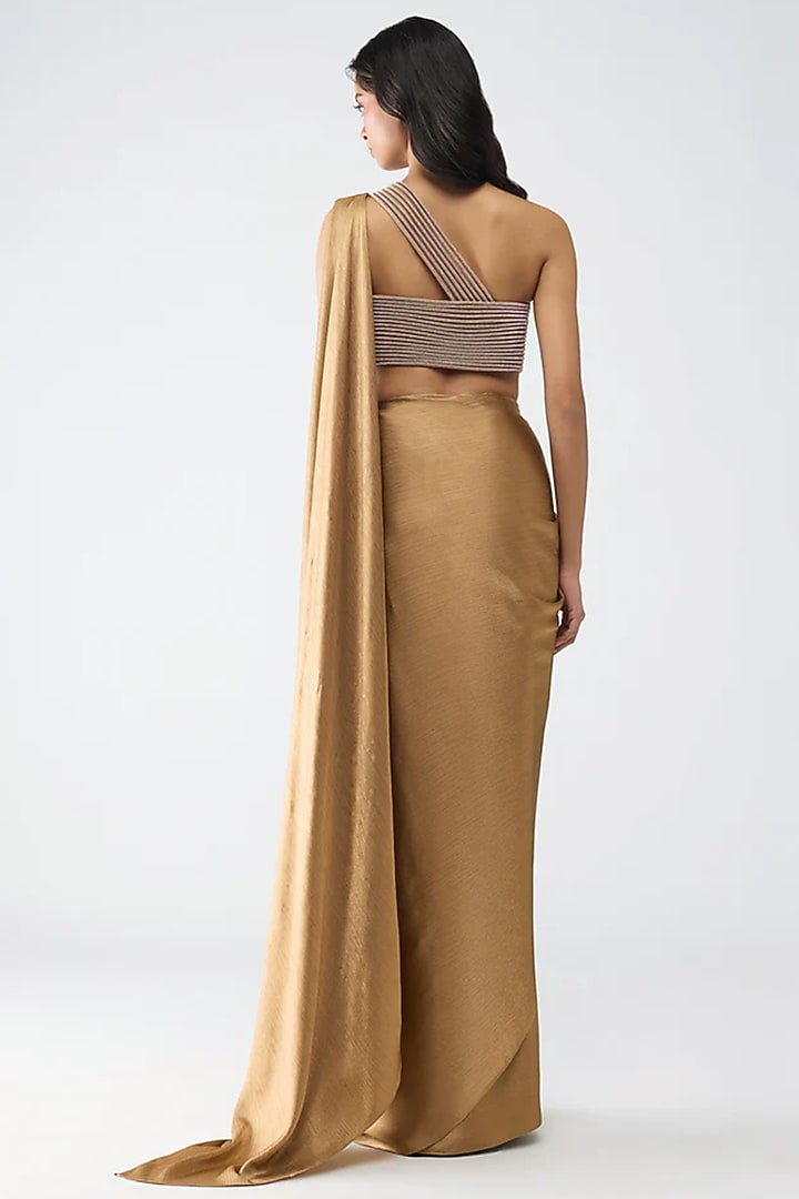 Bronze Satin Chiffon & Butterfly Net Reception Saree Set by Amit Aggarwal at Pernia's Pop Up Shop