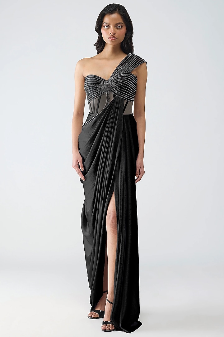 Onyx Satin Chiffon & Butterfly Net Wedding Gown by Amit Aggarwal at Pernia's Pop Up Shop