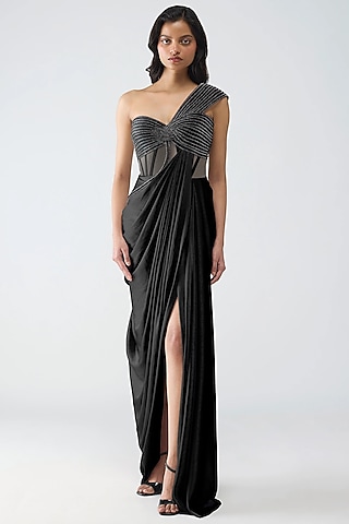 Onyx Satin Chiffon & Butterfly Net Gown by Amit Aggarwal