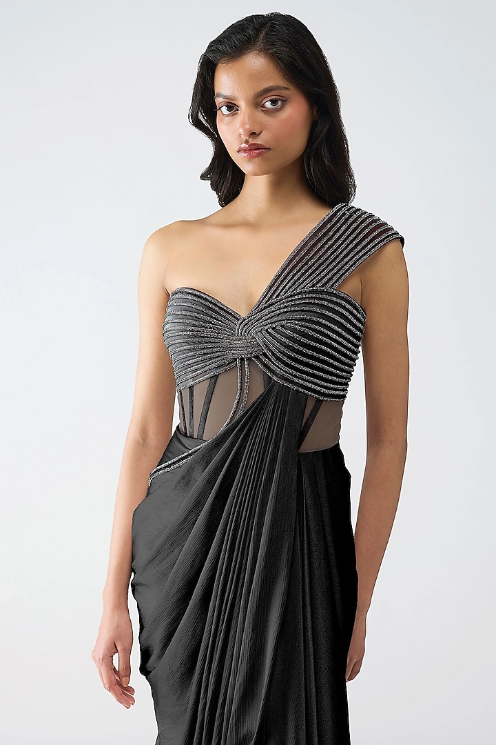 Onyx Satin Chiffon & Butterfly Net Wedding Gown by Amit Aggarwal at Pernia's Pop Up Shop