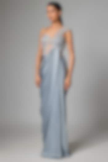 Ice Blue Satin Chiffon Moulded Wedding Gown by Amit Aggarwal at Pernia's Pop Up Shop