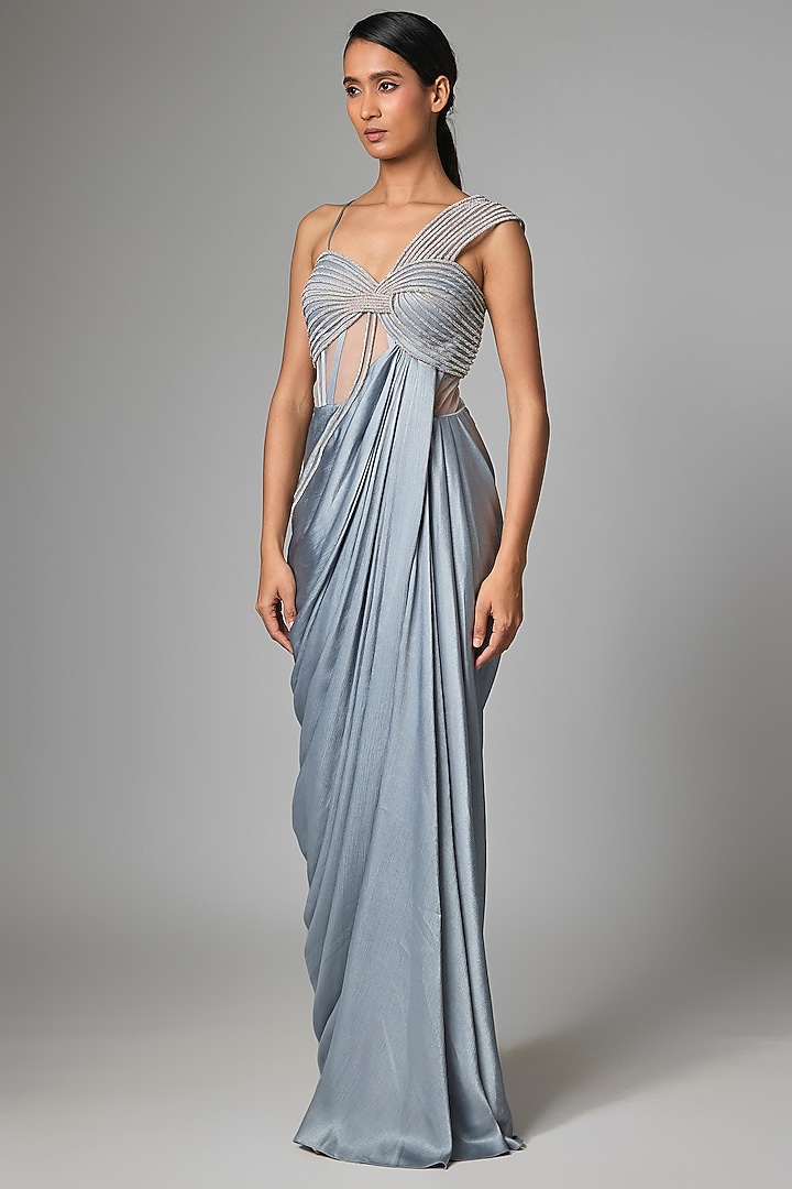 Ice Blue Satin Chiffon Moulded Wedding Gown by Amit Aggarwal at Pernia's Pop Up Shop
