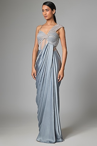 Ice Blue Satin Chiffon Moulded Gown by Amit Aggarwal