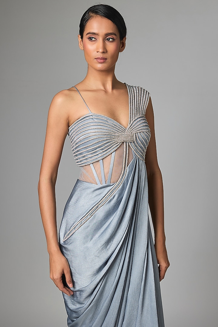 Ice Blue Satin Chiffon Moulded Wedding Gown by Amit Aggarwal at Pernia's Pop Up Shop
