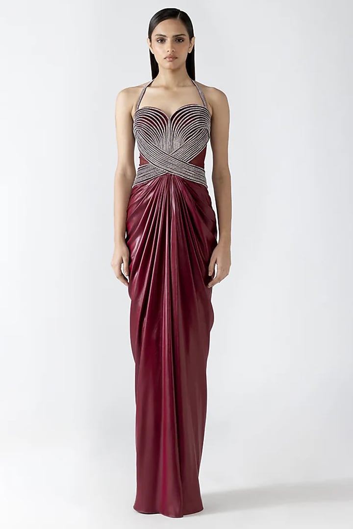 Plum Velvet Chiffon & Butterfly Net Wedding Gown by Amit Aggarwal at Pernia's Pop Up Shop