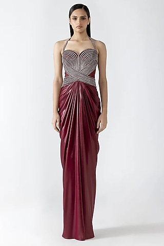 Plum Velvet Chiffon & Butterfly Net Gown by Amit Aggarwal