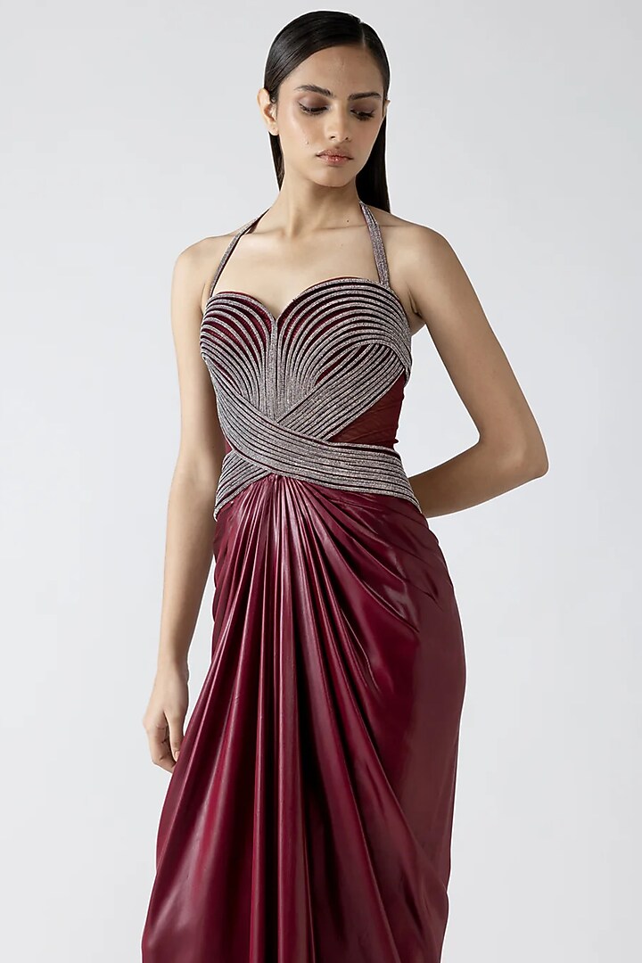 Plum Velvet Chiffon & Butterfly Net Wedding Gown by Amit Aggarwal at Pernia's Pop Up Shop