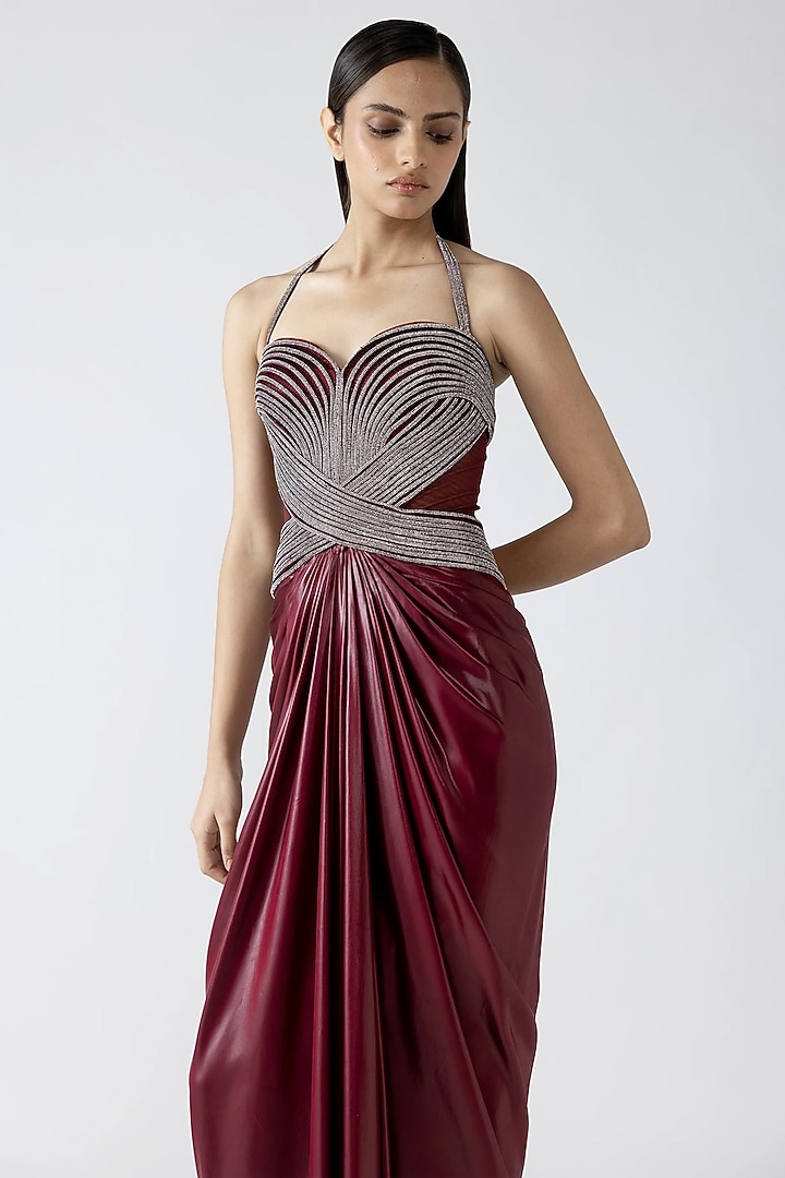Plum Velvet Chiffon & Butterfly Net Wedding Gown by Amit Aggarwal at Pernia's Pop Up Shop