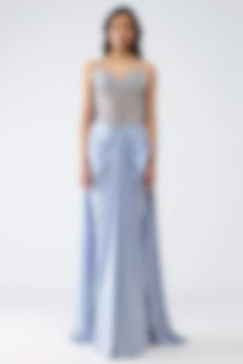 Ice Blue Glazed Chiffon Draped Skirt Set by Amit Aggarwal at Pernia's Pop Up Shop