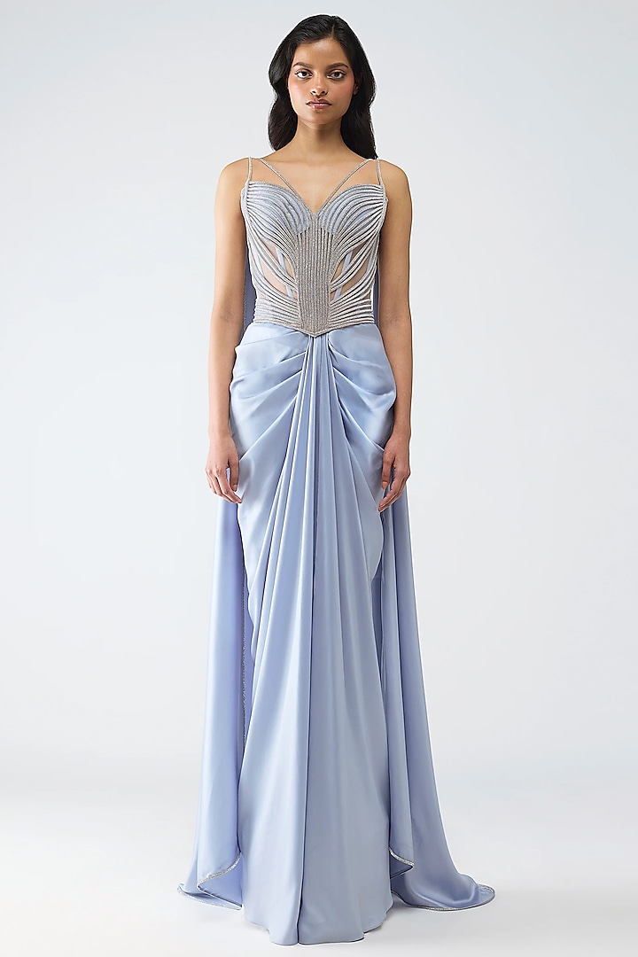 Ice Blue Glazed Chiffon Draped Skirt Set by Amit Aggarwal at Pernia's Pop Up Shop