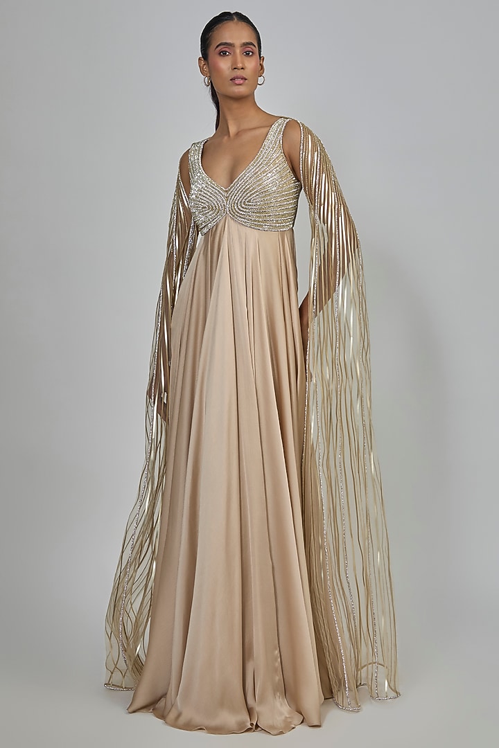Champagne Chiffon & Butterfly Net Wedding Gown by Amit Aggarwal at Pernia's Pop Up Shop