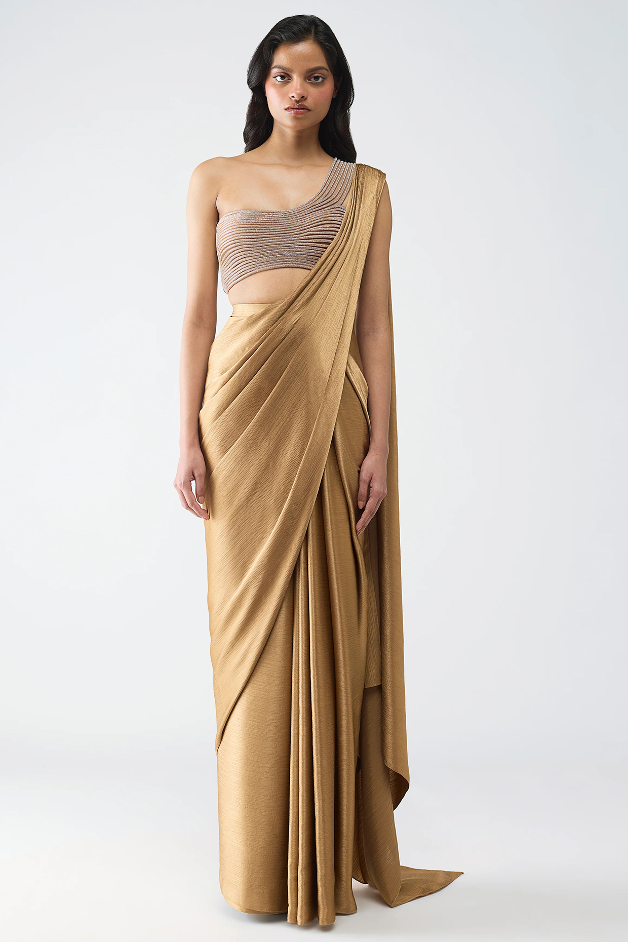 Bronze Satin Chiffon Reception Saree Set by Amit Aggarwal at Pernia's Pop Up Shop