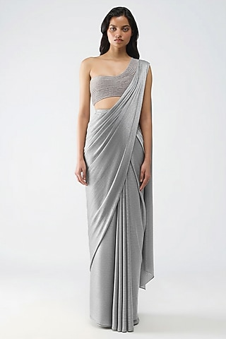 Steel Grey Butterfly Net & Satin Chiffon Saree Set by Amit Aggarwal