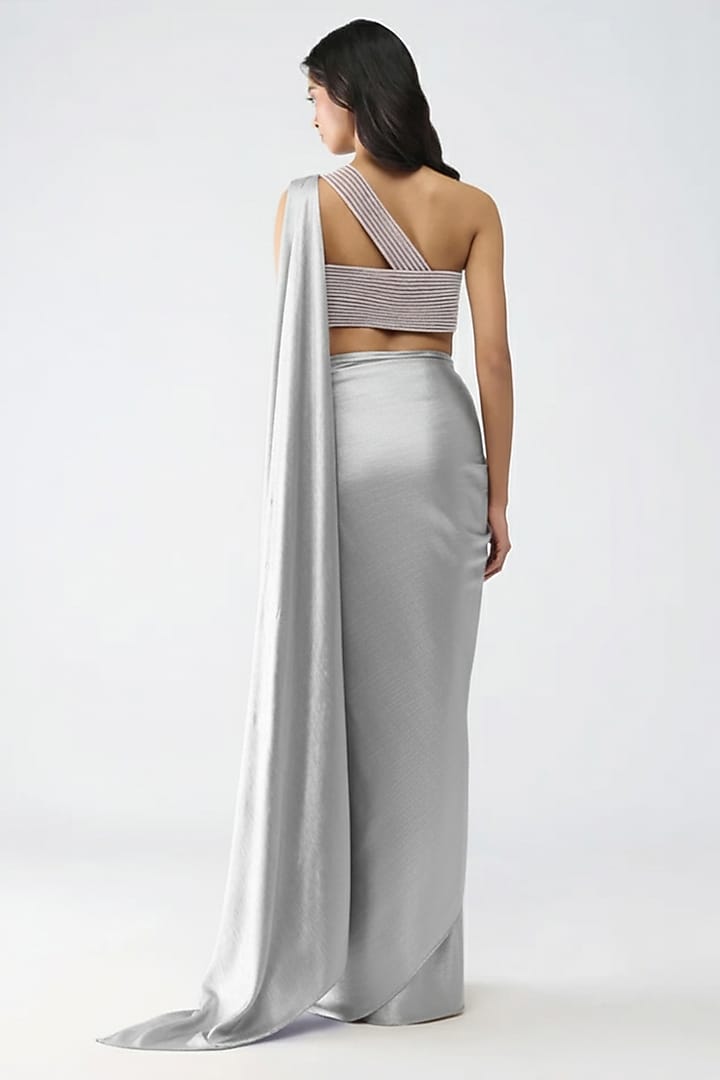 Steel Grey Butterfly Net & Satin Chiffon Reception Saree Set by Amit Aggarwal at Pernia's Pop Up Shop