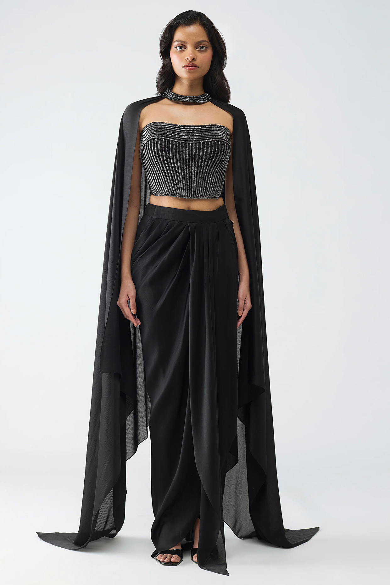 Onyx Black Butterfly Net & Satin Chiffon Cape Set by Amit Aggarwal at Pernia's Pop Up Shop