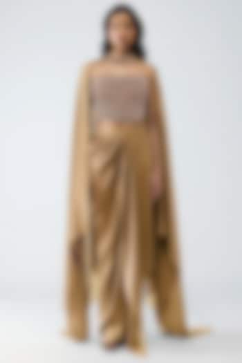 Bronze Satin Chiffon Skirt Set by Amit Aggarwal at Pernia's Pop Up Shop