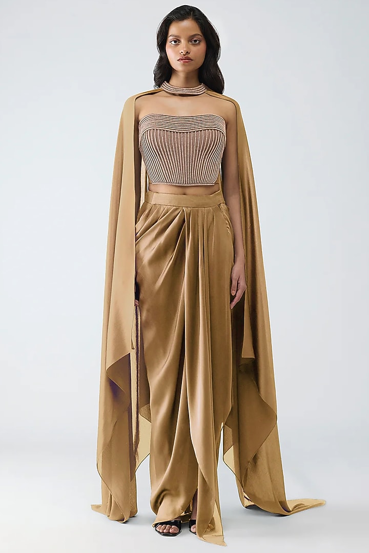 Bronze Satin Chiffon Skirt Set by Amit Aggarwal at Pernia's Pop Up Shop