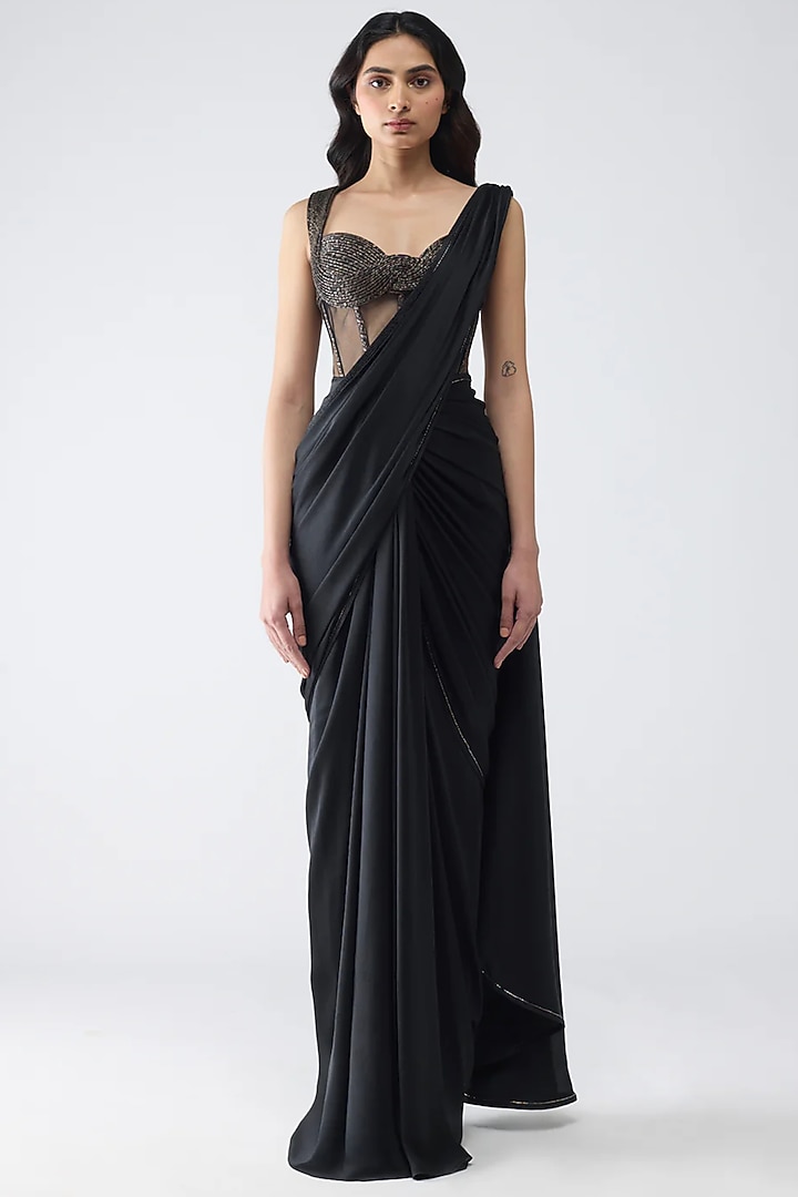 Black Banarasi & Satin Chiffon Reception Saree Set by Amit Aggarwal at Pernia's Pop Up Shop