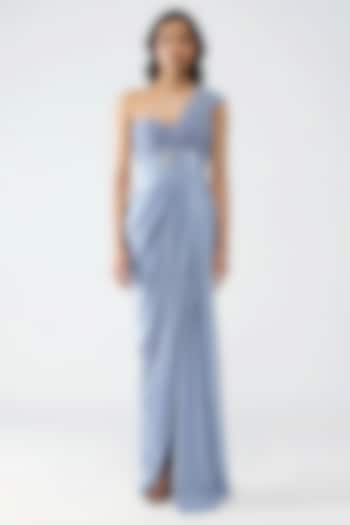 Pearl-Colored Satin Chiffon & Butterfly Net Wedding Gown by Amit Aggarwal at Pernia's Pop Up Shop