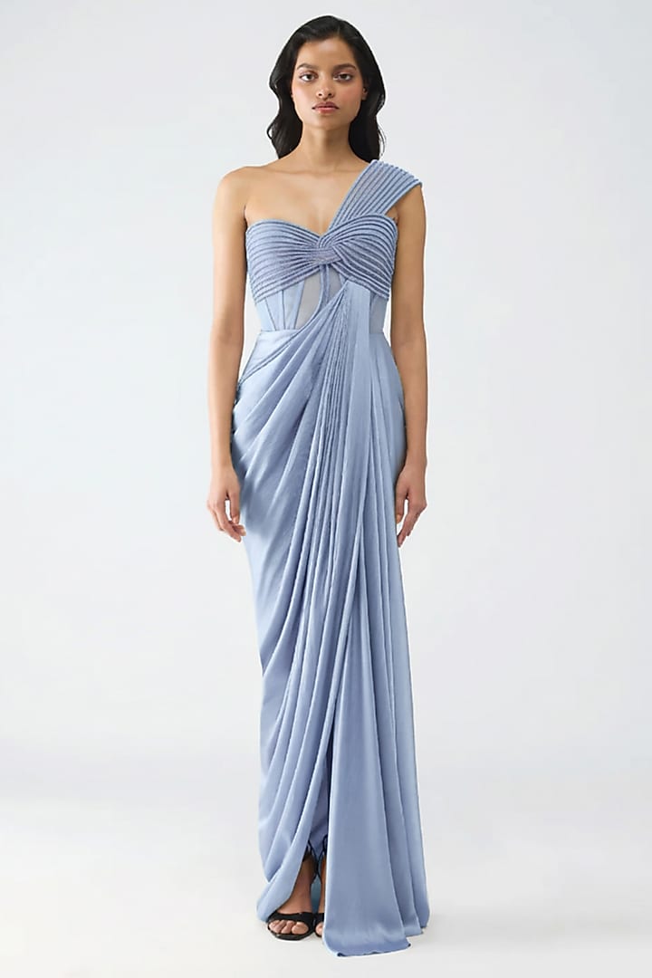 Pearl-Colored Satin Chiffon & Butterfly Net Wedding Gown by Amit Aggarwal at Pernia's Pop Up Shop