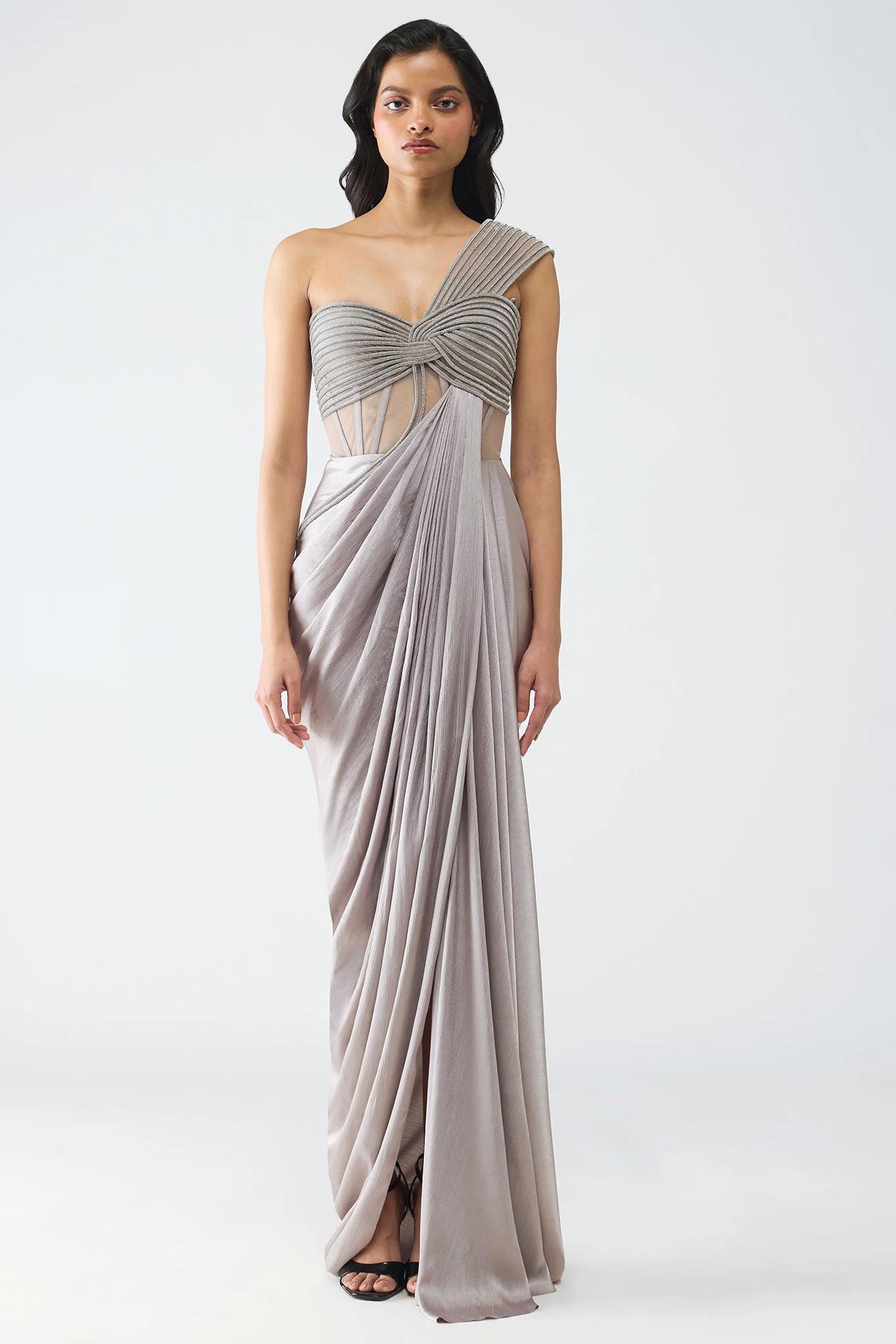 Steel Grey Butterfly Net & Satin Chiffon Wedding Gown by Amit Aggarwal at Pernia's Pop Up Shop