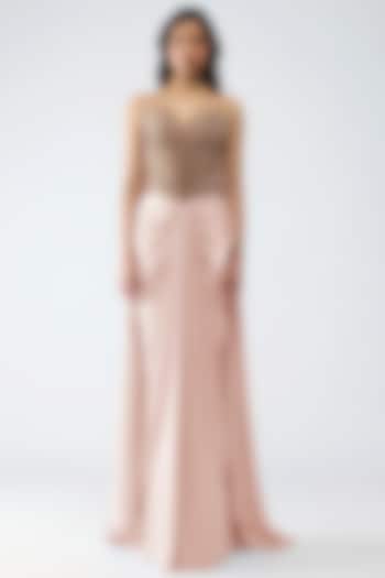 Rose Pink Glazed Chiffon Draped Skirt Set by Amit Aggarwal at Pernia's Pop Up Shop