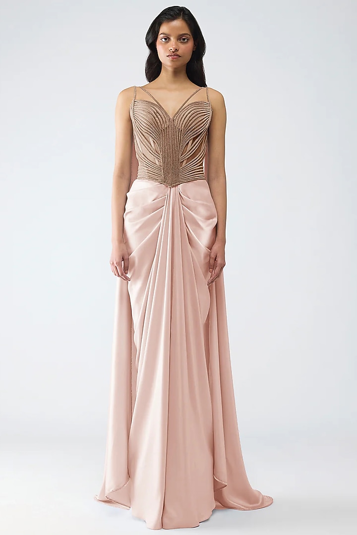 Rose Pink Glazed Chiffon Draped Skirt Set by Amit Aggarwal at Pernia's Pop Up Shop