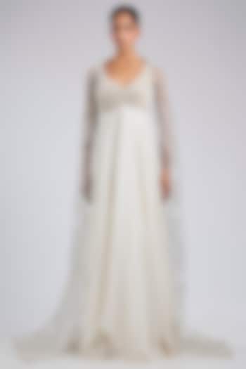 Pearl Chiffon Crystalvein Wedding Gown With Drape by Amit Aggarwal at Pernia's Pop Up Shop