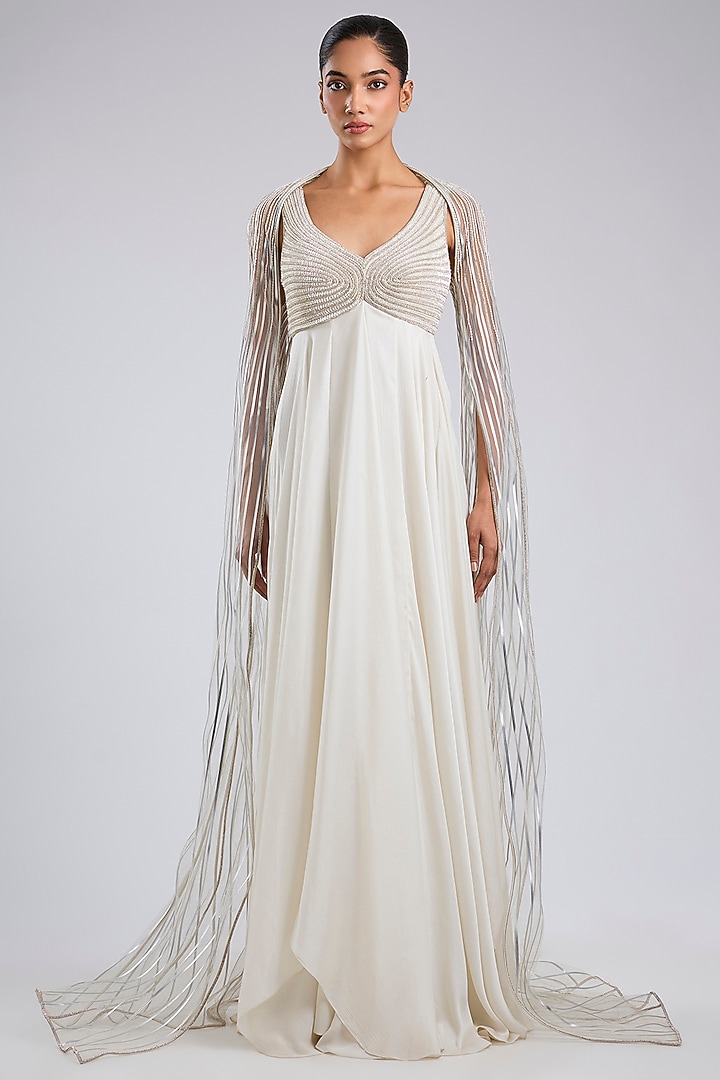 Pearl Chiffon Crystalvein Wedding Gown With Drape by Amit Aggarwal at Pernia's Pop Up Shop